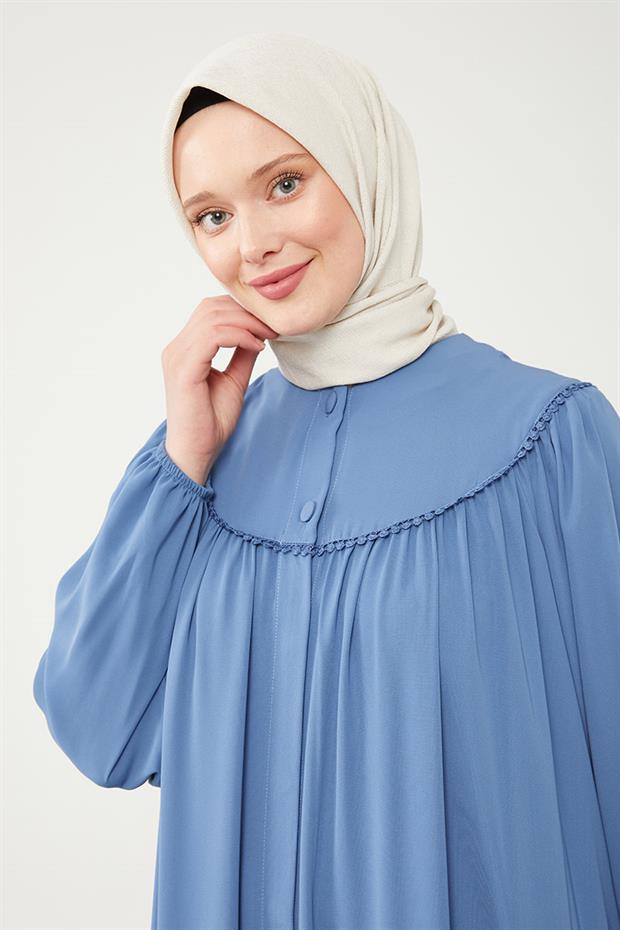 İndigo Omuz Ponpon Yaka Detaylı Ferace