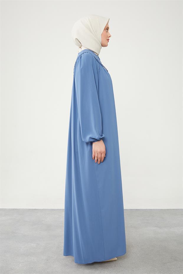 İndigo Omuz Ponpon Yaka Detaylı Ferace