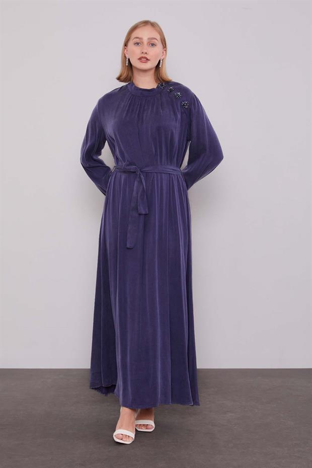 İndigo Omuz Taş Çiçek Detaylı Cupra Elbise