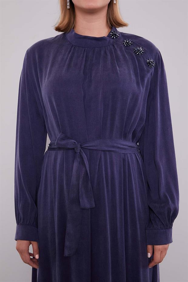 İndigo Omuz Taş Çiçek Detaylı Cupra Elbise