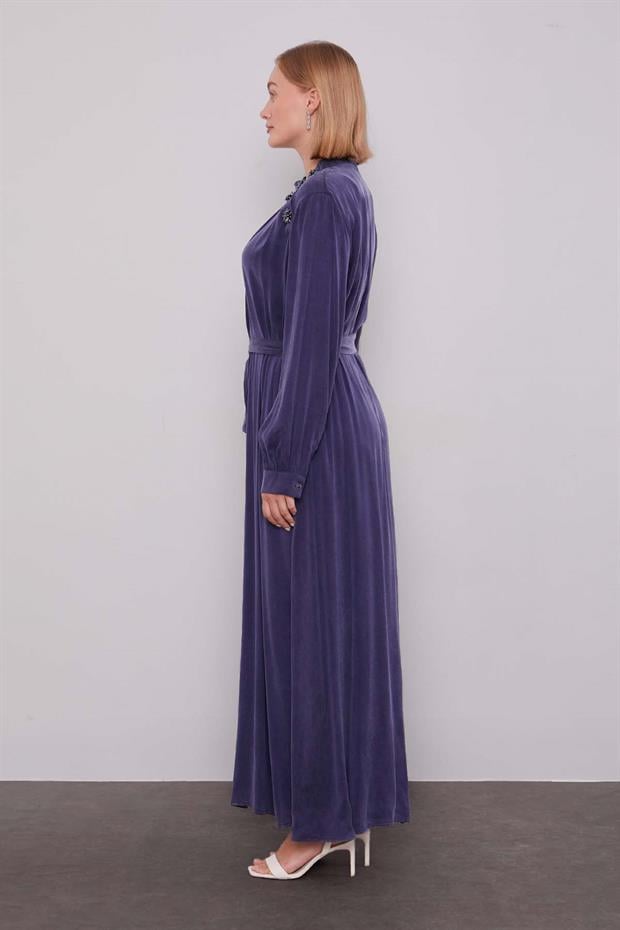 İndigo Omuz Taş Çiçek Detaylı Cupra Elbise