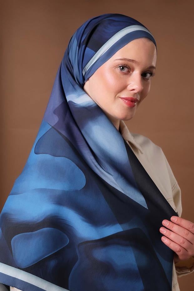İndigo Parçalı Desen Aura Eşarp