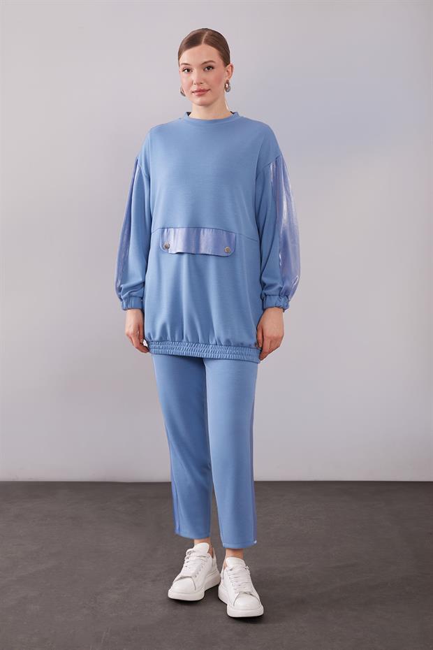 İndigo Parıltılı Şerit Detay İkili Takım