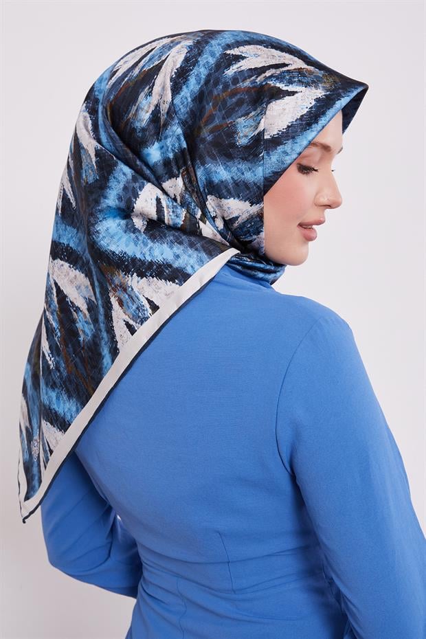 İndigo Yansıma Görünümlü Twill İpek Eşarp