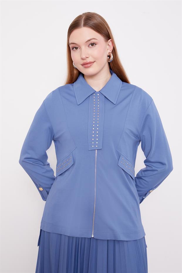 İndigo Taş Yaka Detay Piliseli Etek Takım