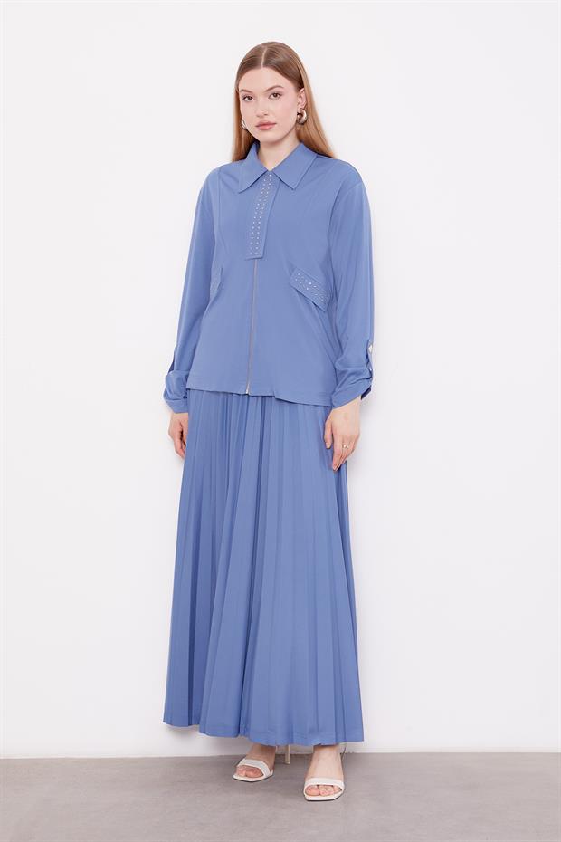 İndigo Taş Yaka Detay Piliseli Etek Takım