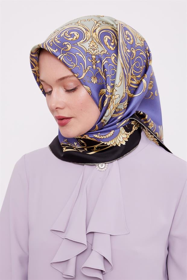İndigo Varak Desenli Twill İpek Eşarp