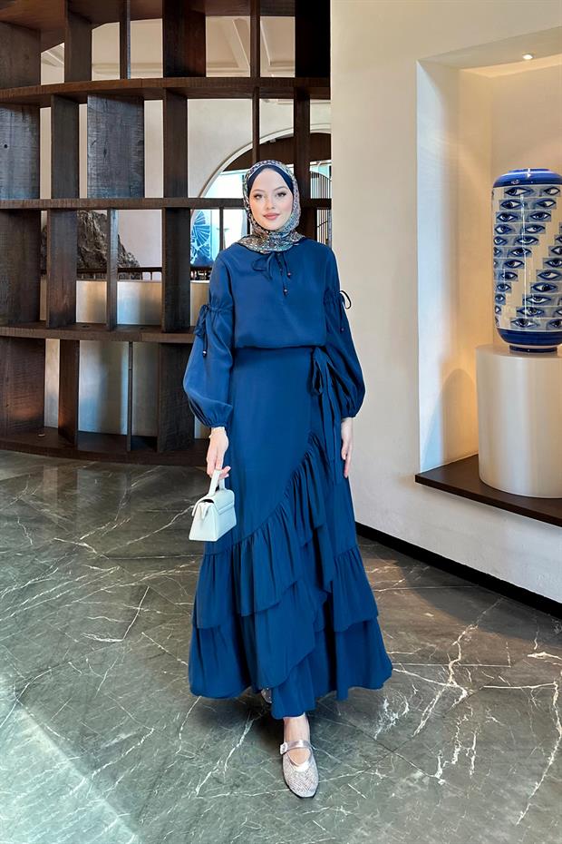 İndigo Yandan Bağlamalı Etek Takım