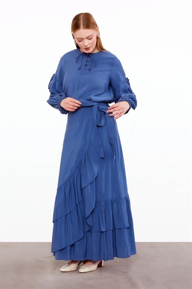 İndigo Yandan Bağlamalı Etek Takım