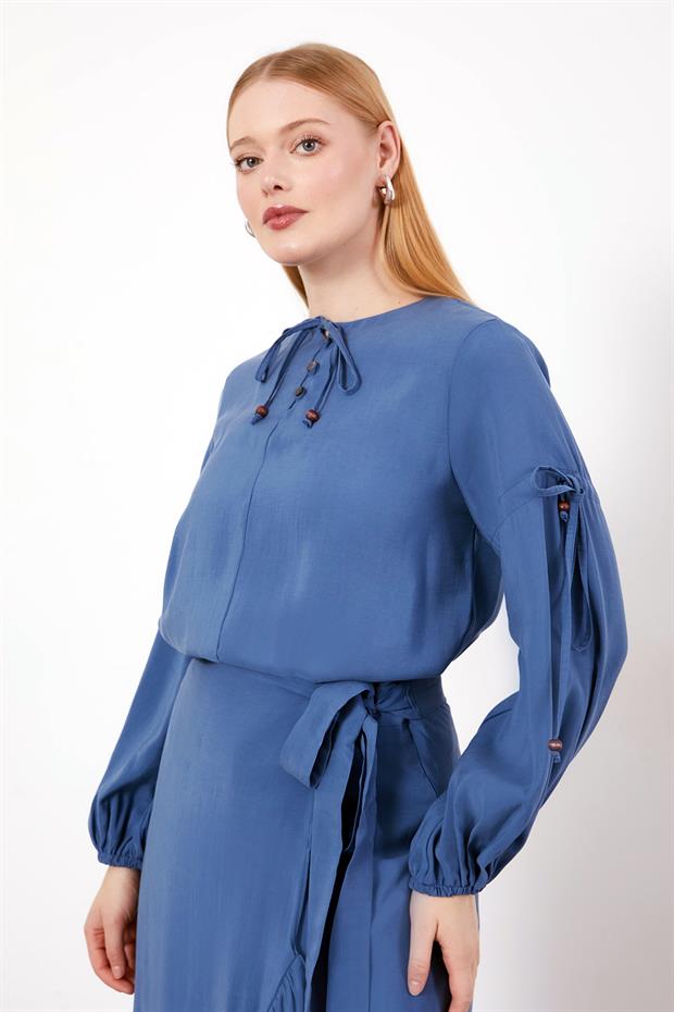 İndigo Yandan Bağlamalı Etek Takım