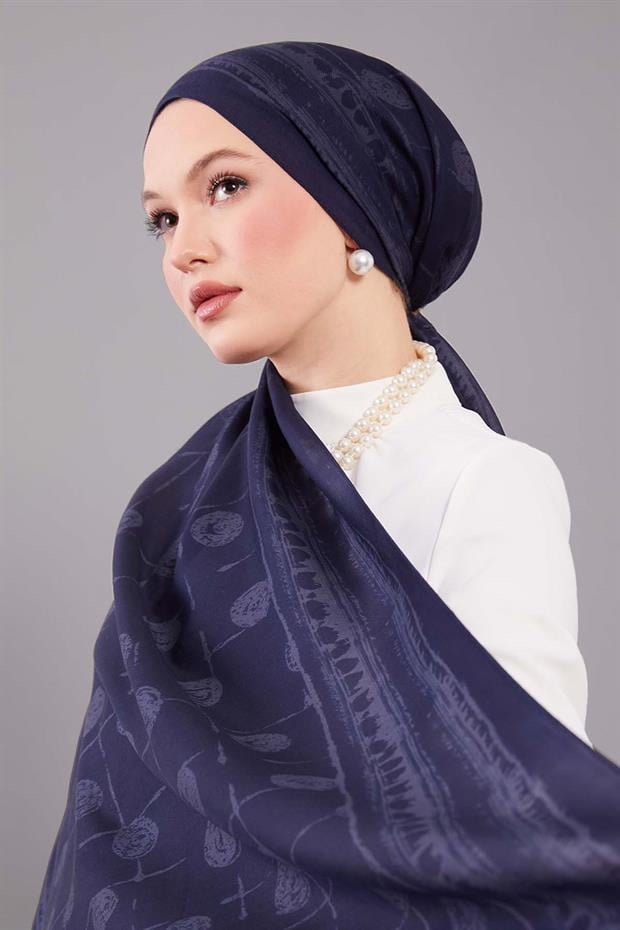 İndigo Yuvarlak Desenli Yün İpek Şal