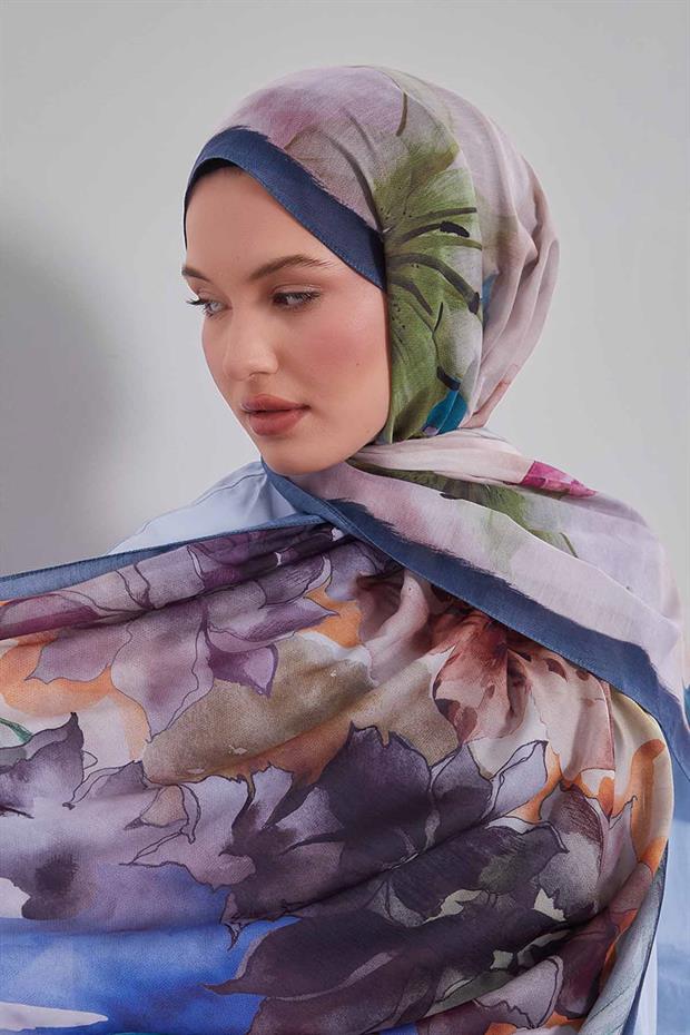 İndigo Zambak Baskılı Sport Şal