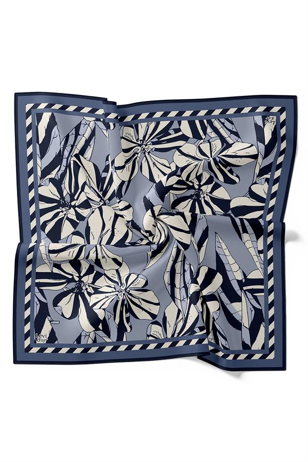 İndigo Zambak Desen Twill İpek Eşarp