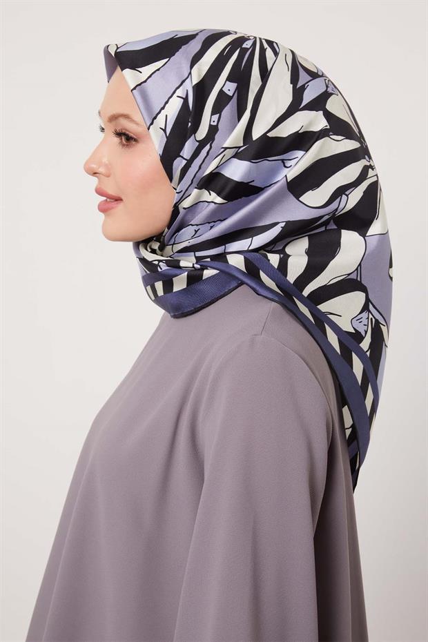 İndigo Zambak Desen Twill İpek Eşarp