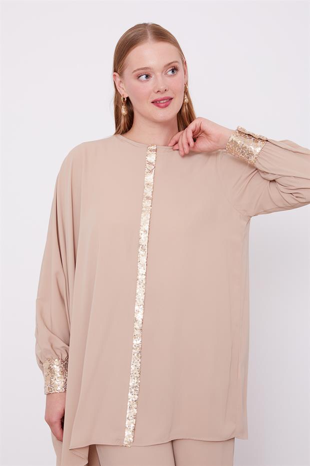 Koyu Bej Payet Detay Tunik Takım