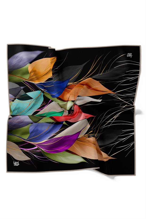 Koyu Vizon İnce Yaprak Desen Twill İpek Eşarp