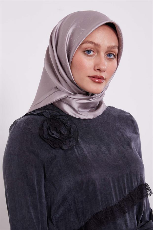 Koyu Lila Petek Desen Monogram İpek Eşarp