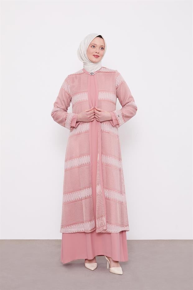 Koyu Pudra Dantel Elbiseli Ferace