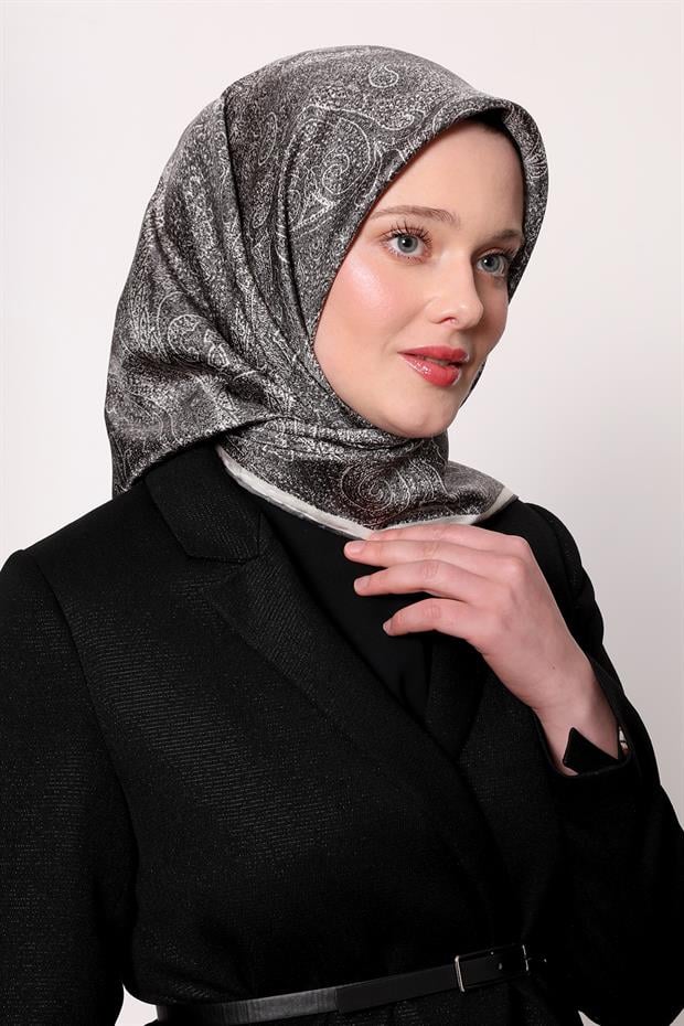 Koyu Gri Soyut Etnik Desen Twill İpek Eşarp