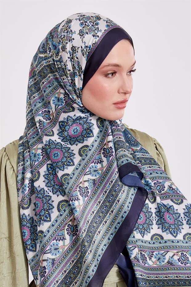Koyu Lacivert Sarmal Desen Hint İpeği Şal