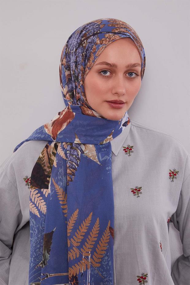 K.Mavi Yaprak Desen Pamuk Şal