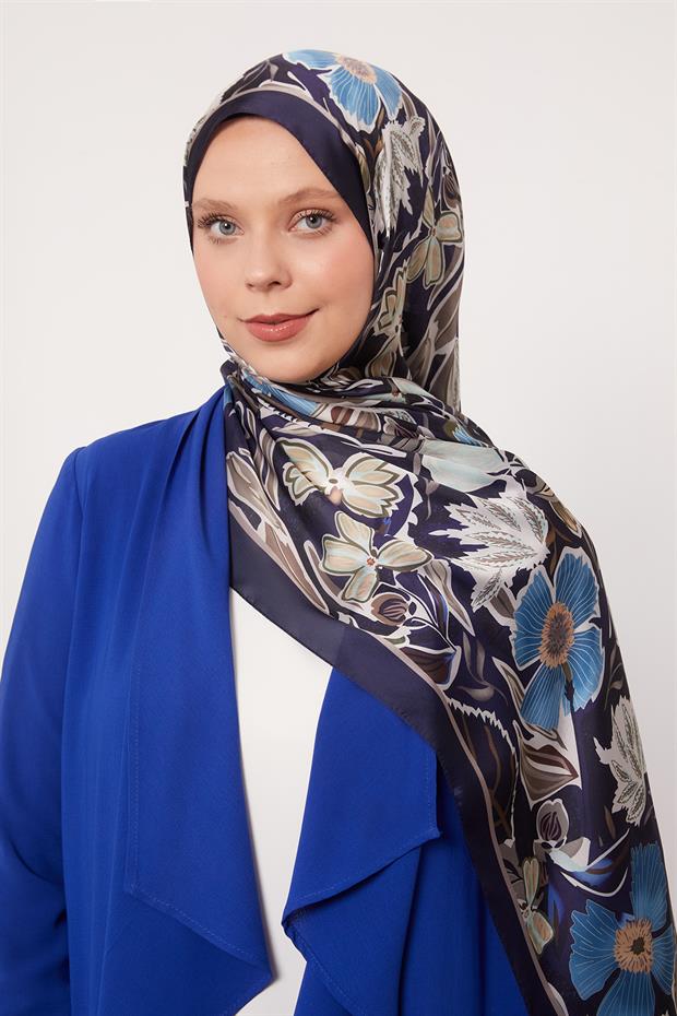 Koyu Lacivert Petunya Desen Hint İpeği Şal