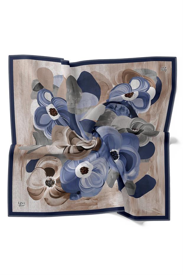 Koyu Lacivert Menekşe Desen Twill İpek Eşarp