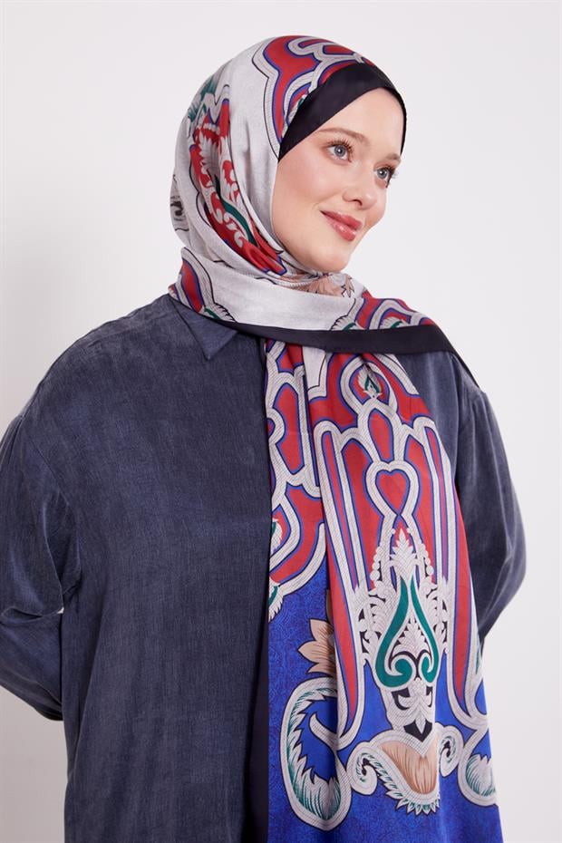 Koyu Lacivert Baroklu Hint İpeği Şal