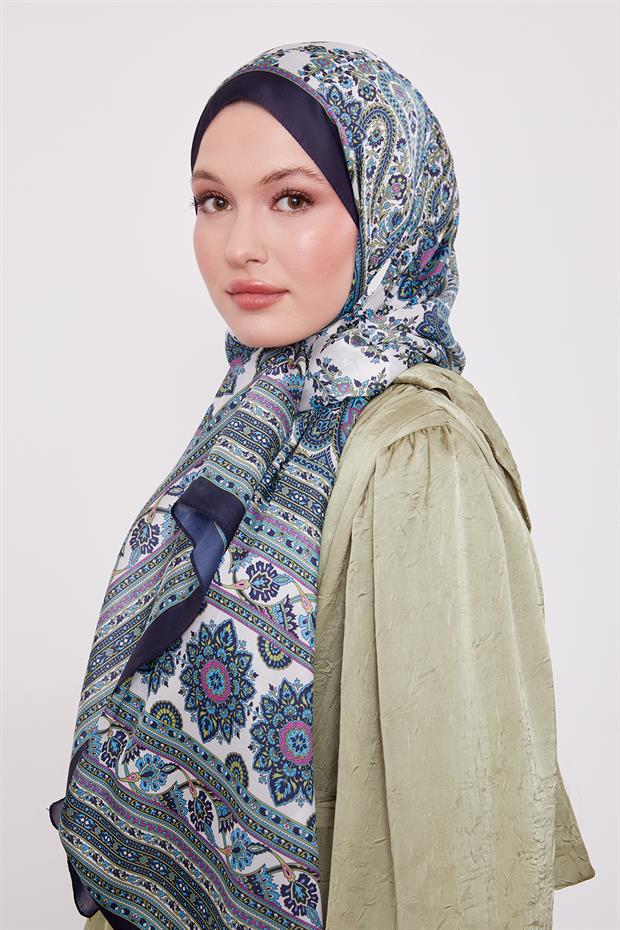 Koyu Lacivert Sarmal Desen Hint İpeği Şal