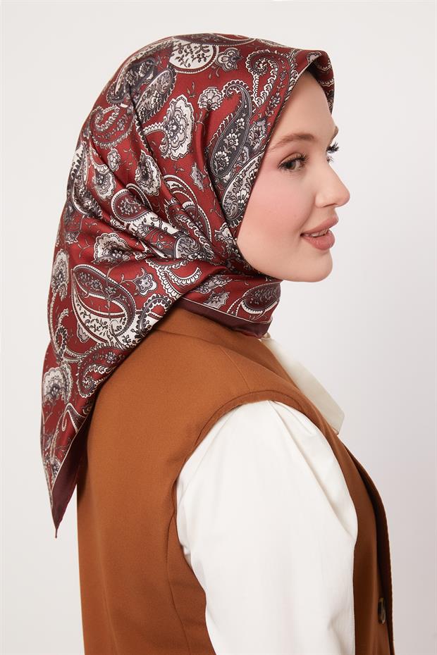 Koyu Bordo Karışık Retro Twill İpek Eşarp