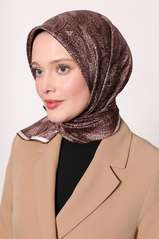 Koyu Bordo Soyut Etnik Desen Twill İpek Eşarp