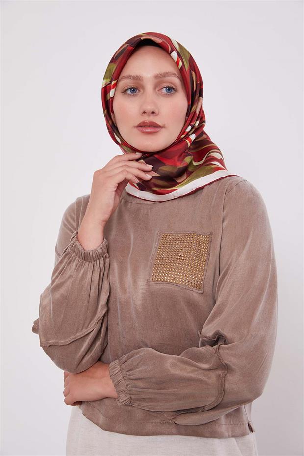 Koyu Bordo Ebruli Desen Twill İpek Eşarp