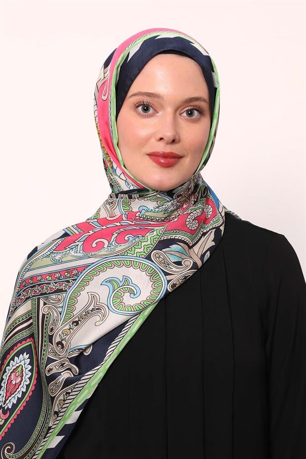 Koyu Lacivert Çizgili Hint İpeği Şal