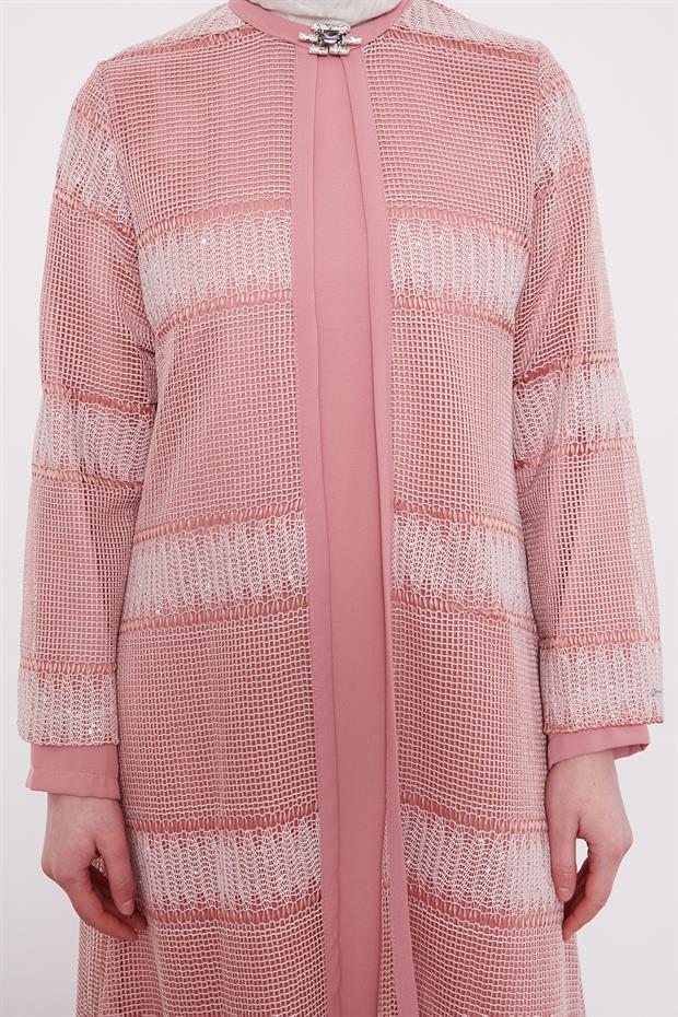 Koyu Pudra Dantel Elbiseli Ferace