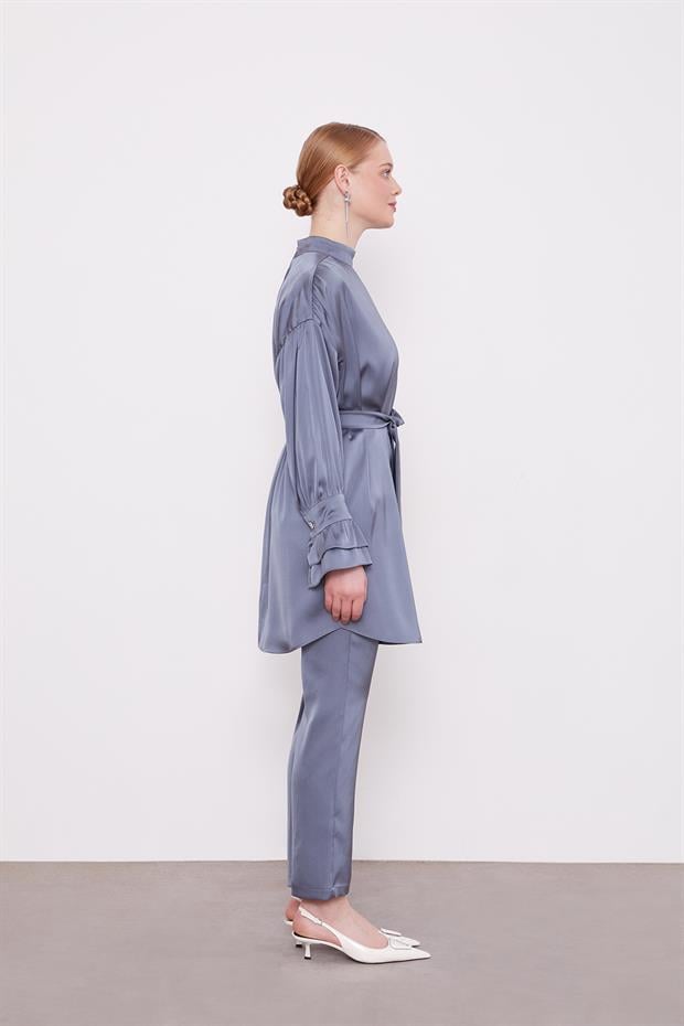 Koyu Gri Kol Fırfır Detaylı İkili Takım