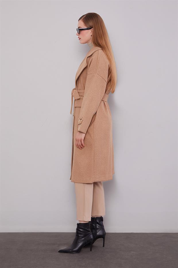 Koyu Bej Kruvaze Yaka Kaşe Kaban