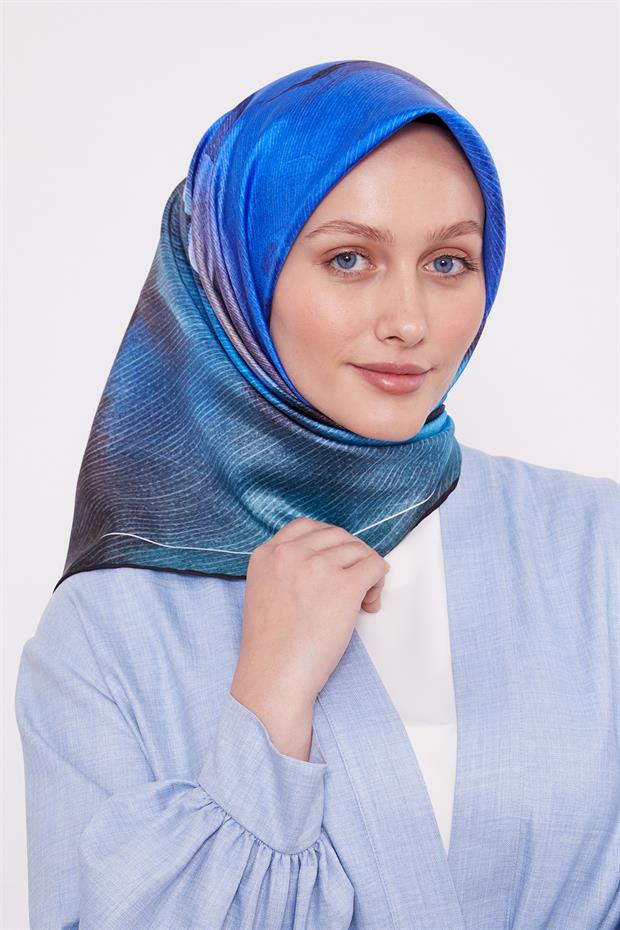 Koyu Lacivert Bohem Geçişli Twill İpek Eşarp