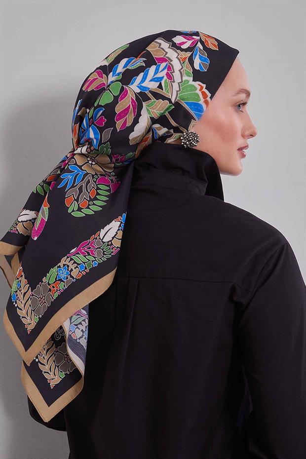 Koyu Vizon Çiçek Yaprak Desen Aura Eşarp