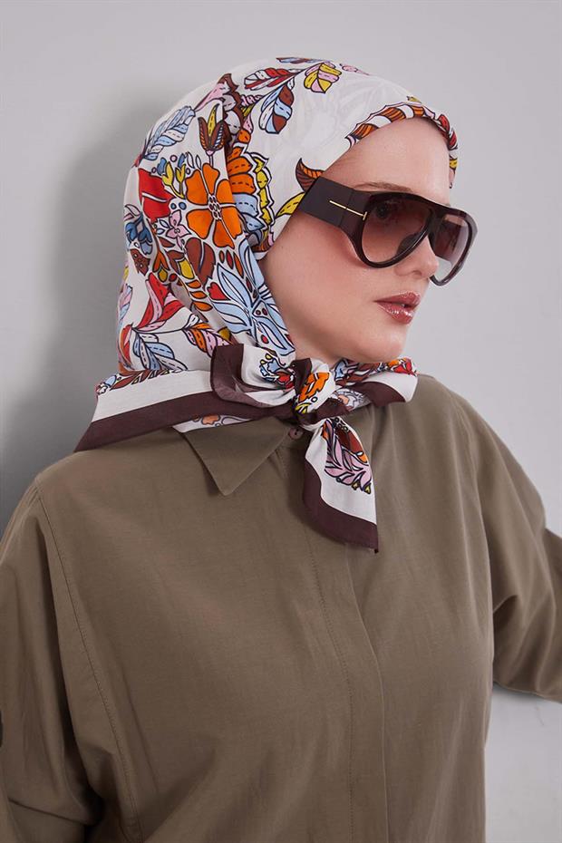 Koyu Kahve Çiçek Yaprak Desen Aura Eşarp