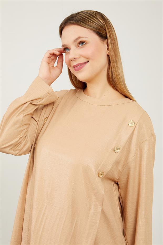 Koyu Bej Düğme Detaylı Bisiklet Yaka İkili Takım