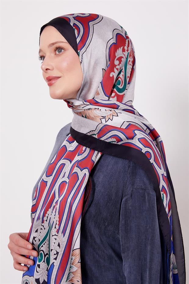 Koyu Lacivert Baroklu Hint İpeği Şal