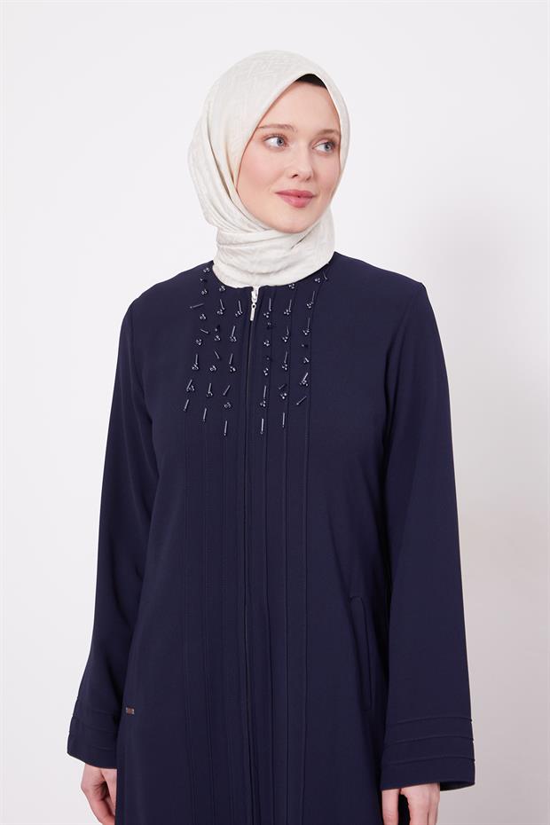 Koyu Lacivert Yaka Şerit Detaylı Ferace