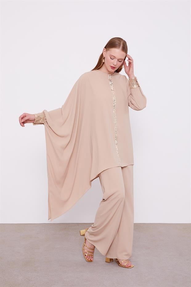 Koyu Bej Payet Detay Tunik Takım