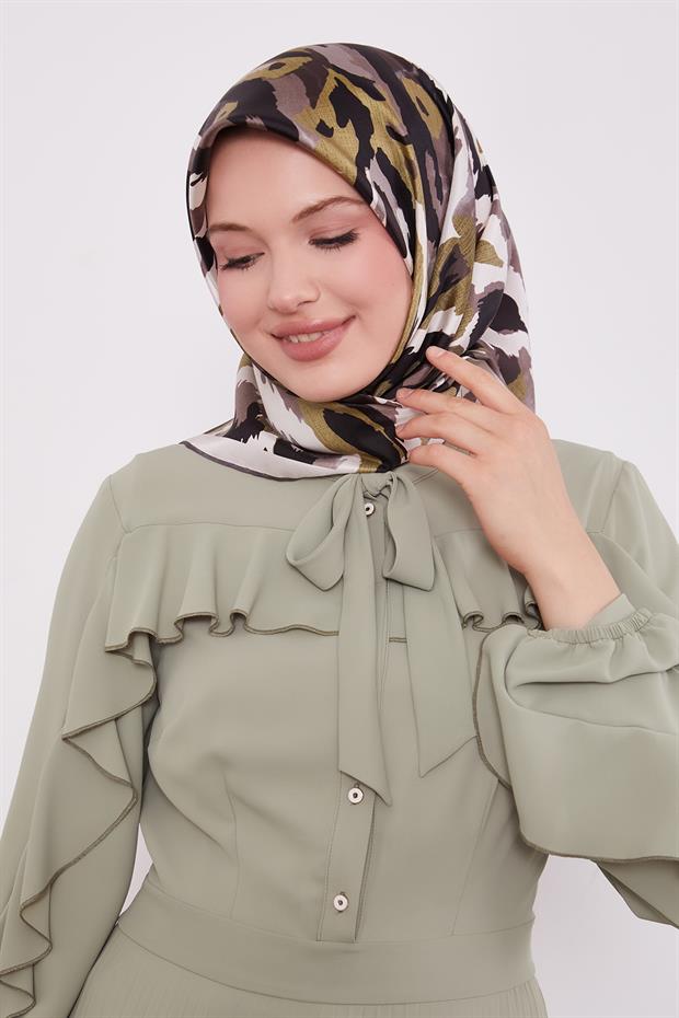 Koyu Vizon Kamuflaj Desen Twill İpek Eşarp