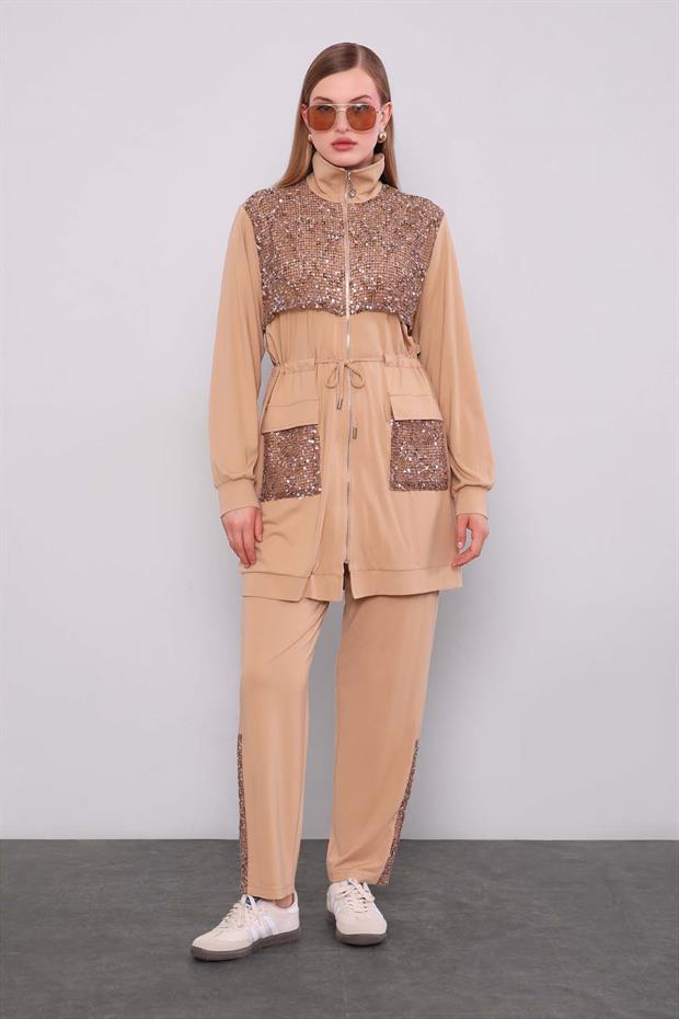 Koyu Bej Pul Cep Detaylı İkili Takım