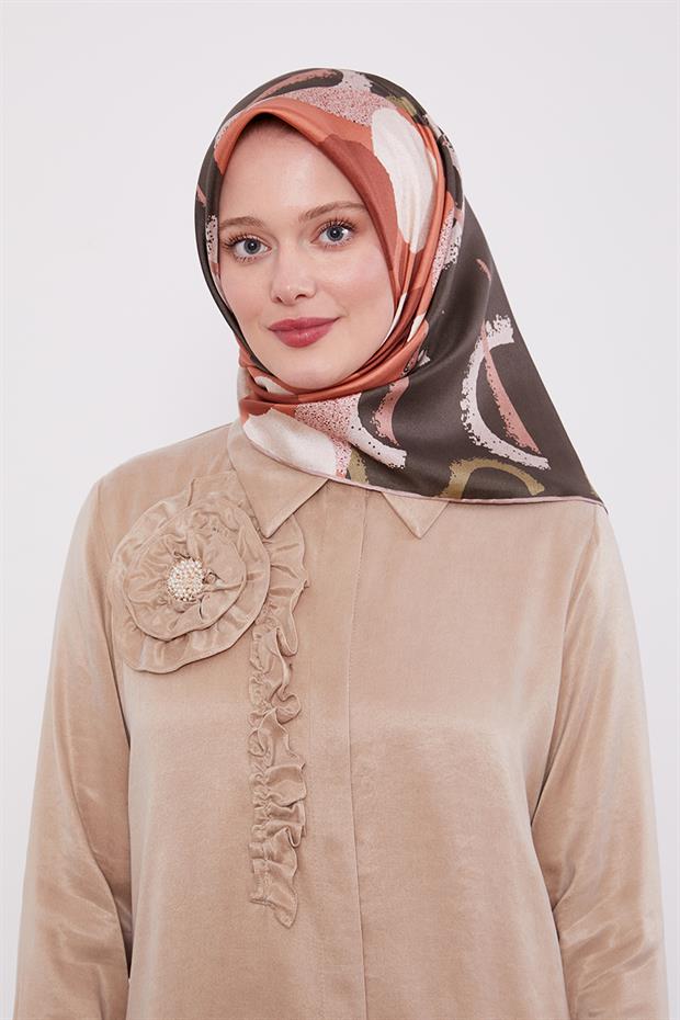 Koyu Vizon Yuvarlak Desen Twill İpek Eşarp