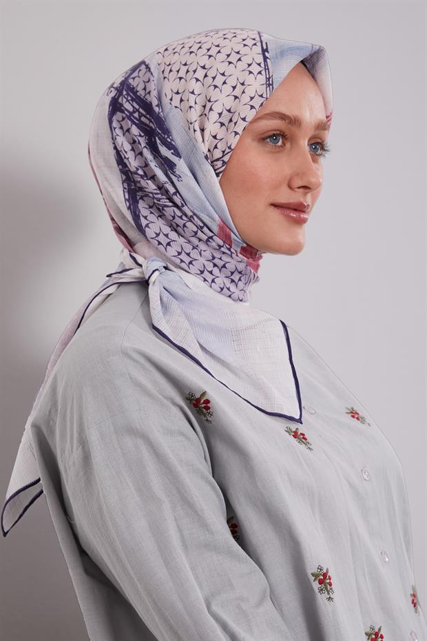 Koyu Lacivert Etnik Desen Pamuk Eşarp