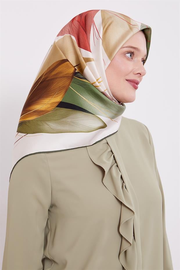 Koyu Yeşil İnce Yaprak Desen Twill İpek Eşarp