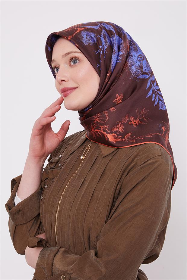 Koyu Bordo Soyut Gül Desen Twill İpek Eşarp