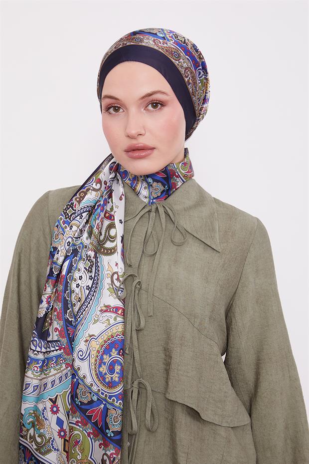 Koyu Lacivert Karışık Desenal Hint İpeği Şal